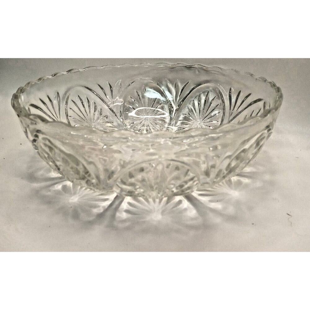 Retro Etched Serving Bowl Clear Cut Glass Decorative Vegetable Salad Fruit VTG